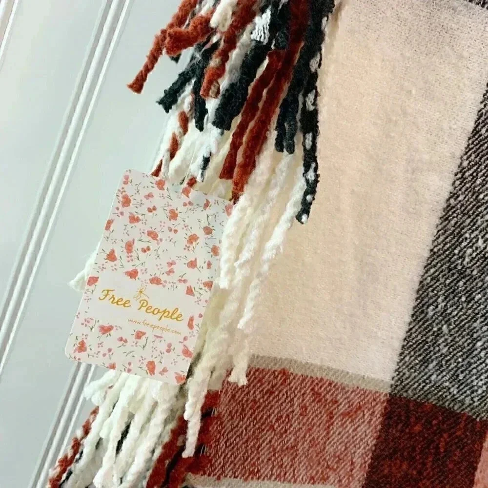 Free People  Ivory Valley Plaid Fringe Scarf New!